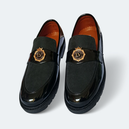 Men's formal black shoes| LV buckle black loafers